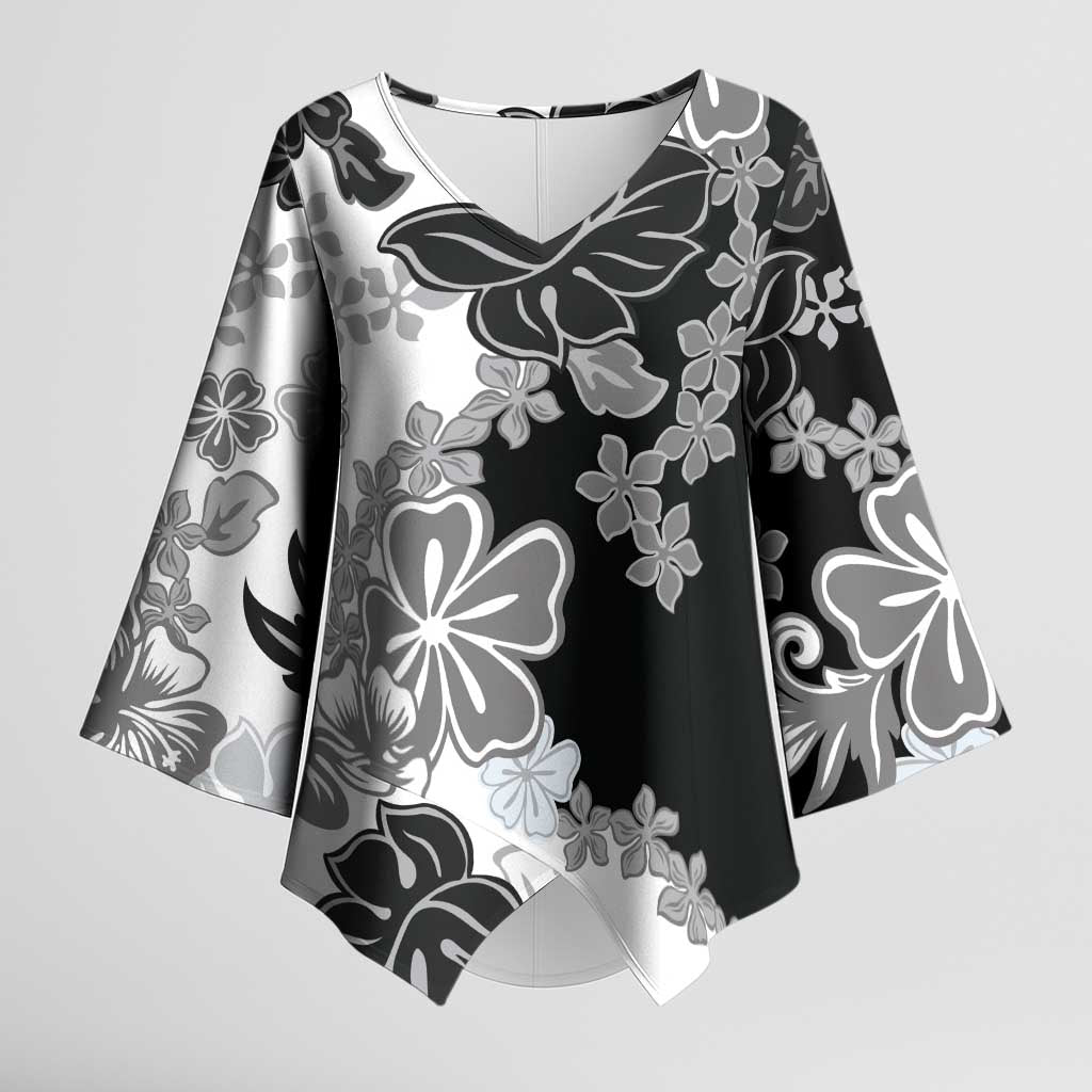 Gray Scale Hibiscus Plumeria Floral Kimono Sleeve Blouse LT01 Female Black - Polynesian Pride