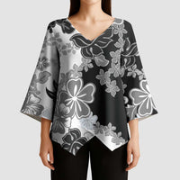 Gray Scale Hibiscus Plumeria Floral Kimono Sleeve Blouse LT01 - Polynesian Pride