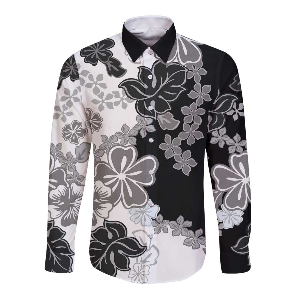 Gray Scale Hibiscus Plumeria Floral Long Sleeve Button Shirt LT01 Unisex Black - Polynesian Pride