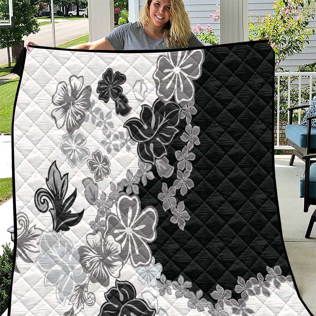 Gray Scale Hibiscus Plumeria Floral Quilt LT01 Black - Polynesian Pride