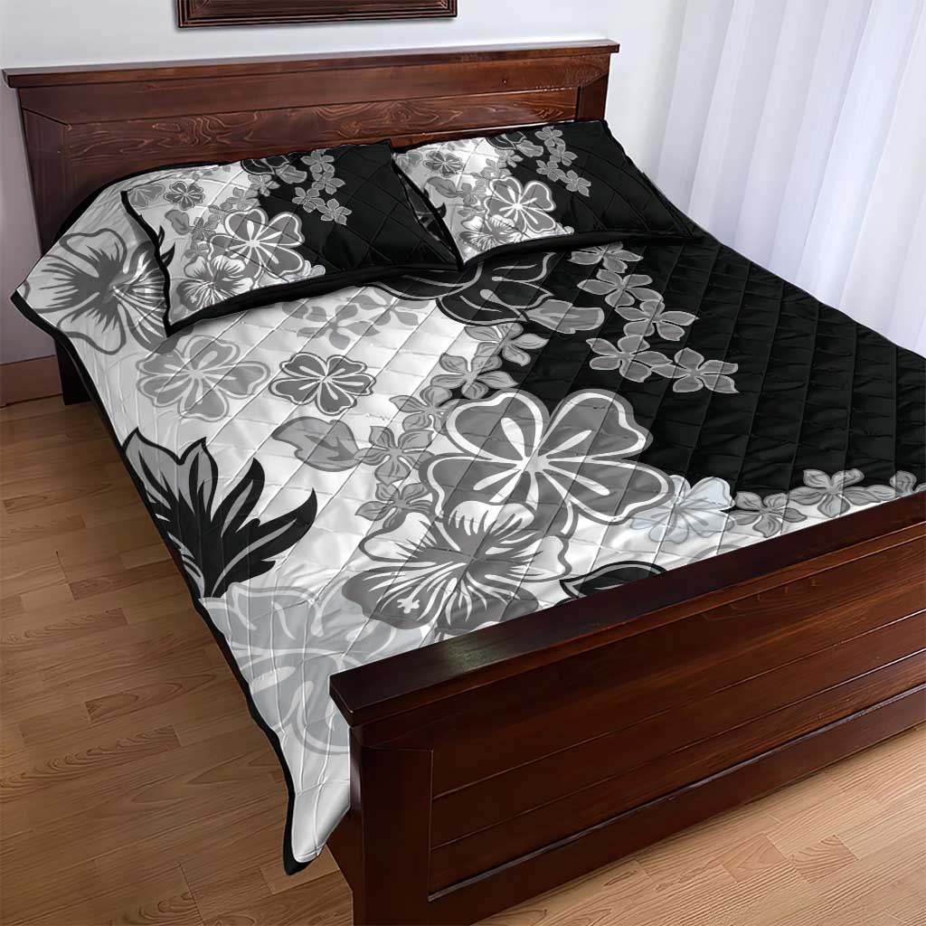 Gray Scale Hibiscus Plumeria Floral Quilt Bed Set LT01 - Polynesian Pride