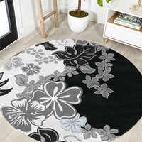 Gray Scale Hibiscus Plumeria Floral Round Carpet LT01 Black - Polynesian Pride
