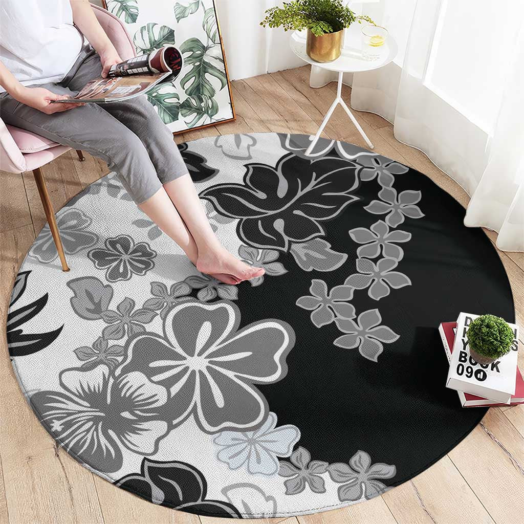 Gray Scale Hibiscus Plumeria Floral Round Carpet LT01 - Polynesian Pride