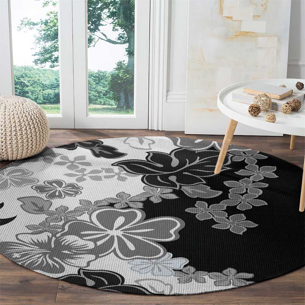 Gray Scale Hibiscus Plumeria Floral Round Carpet LT01 - Polynesian Pride