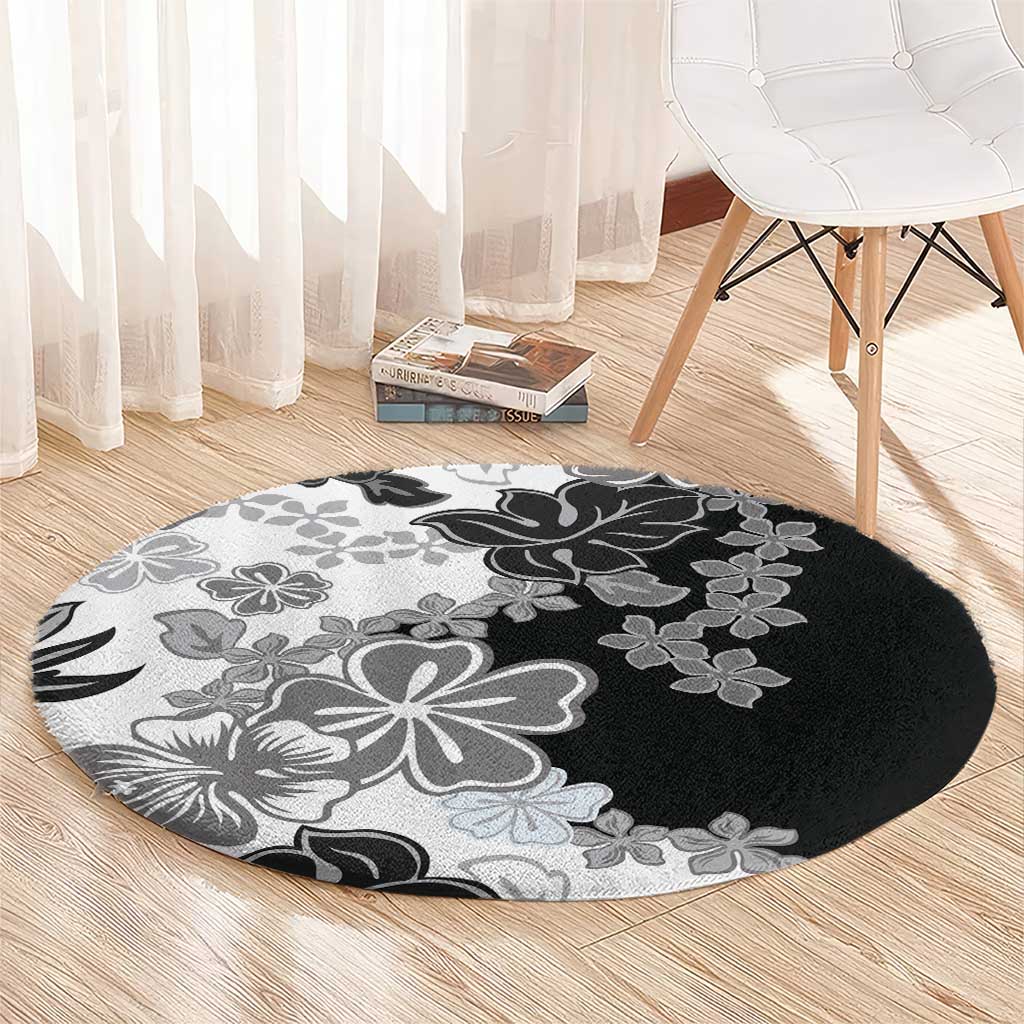 Gray Scale Hibiscus Plumeria Floral Round Carpet LT01 - Polynesian Pride
