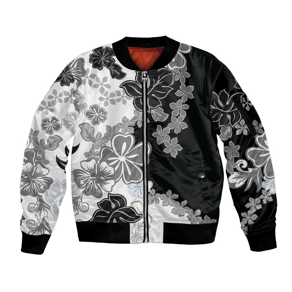 Gray Scale Hibiscus Plumeria Floral Sleeve Zip Bomber Jacket LT01 Unisex Black - Polynesian Pride