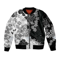 Gray Scale Hibiscus Plumeria Floral Sleeve Zip Bomber Jacket LT01 Unisex Black - Polynesian Pride