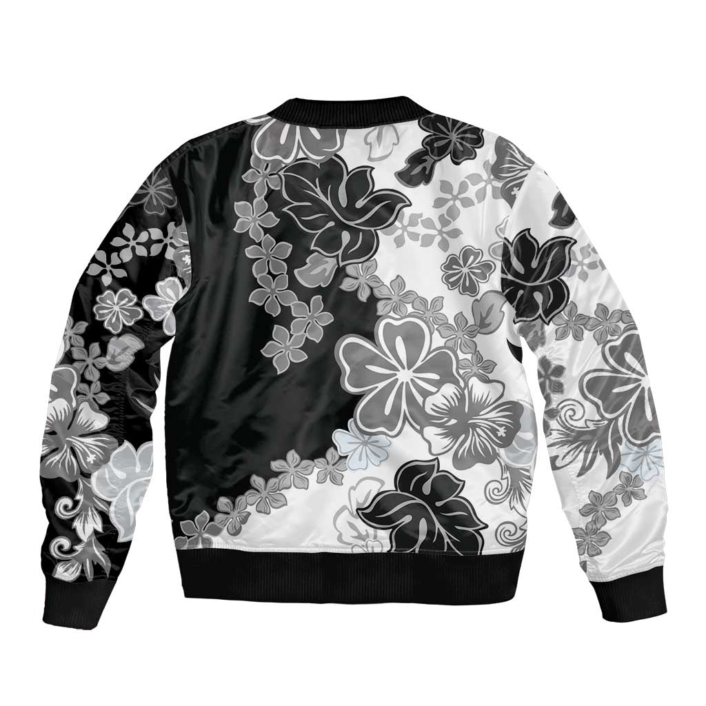 Gray Scale Hibiscus Plumeria Floral Sleeve Zip Bomber Jacket LT01 - Polynesian Pride