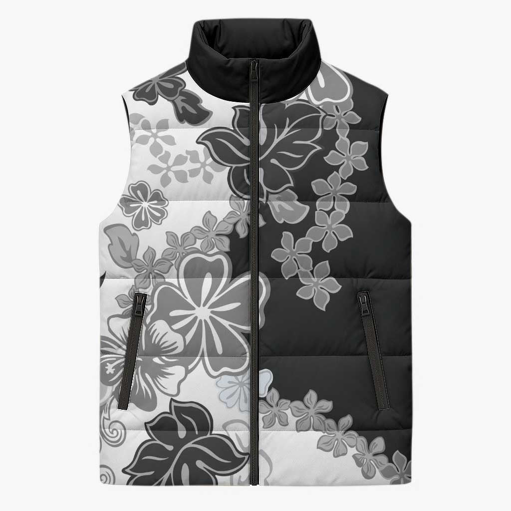 Gray Scale Hibiscus Plumeria Floral Sleeveless Puffer Jacket LT01 Black - Polynesian Pride