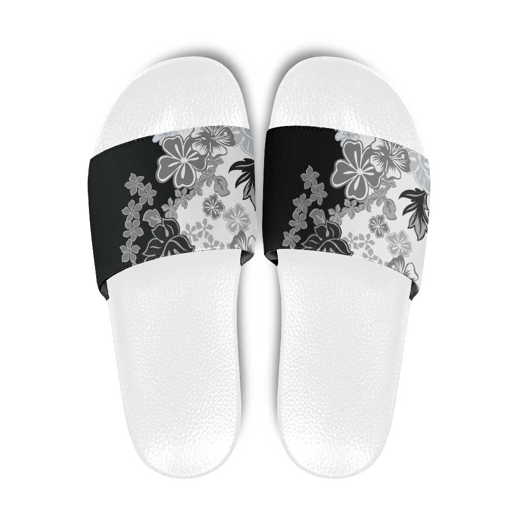 Gray Scale Hibiscus Plumeria Floral Slide Sandals LT01 Black - Polynesian Pride