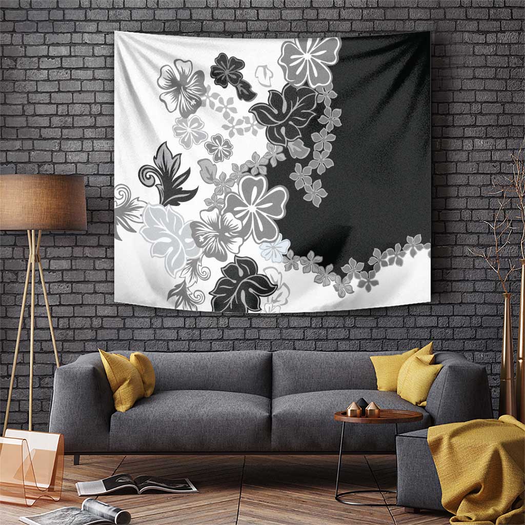 Gray Scale Hibiscus Plumeria Floral Tapestry LT01 Black - Polynesian Pride