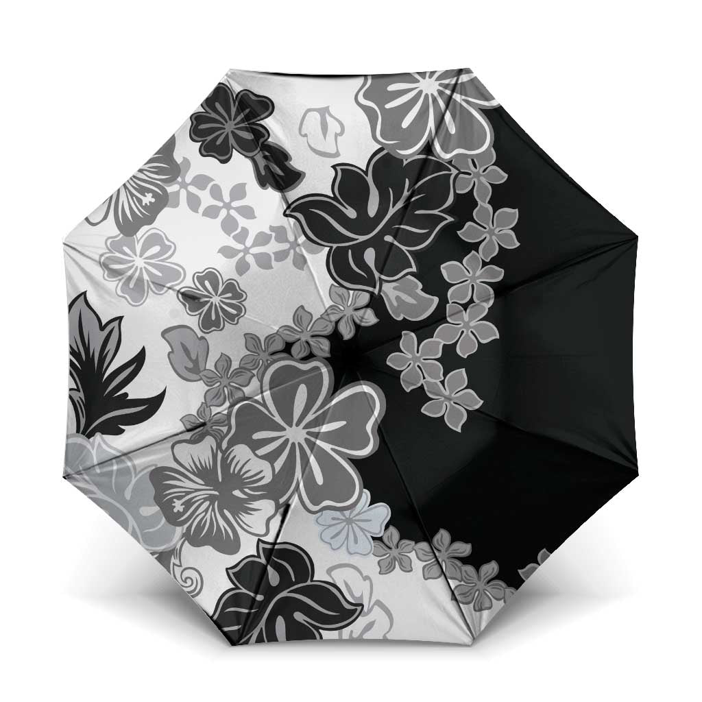Gray Scale Hibiscus Plumeria Floral Umbrella LT01 One Size Folded 11.42 inch Opened Diameter 37.4 inch Black - Polynesian Pride