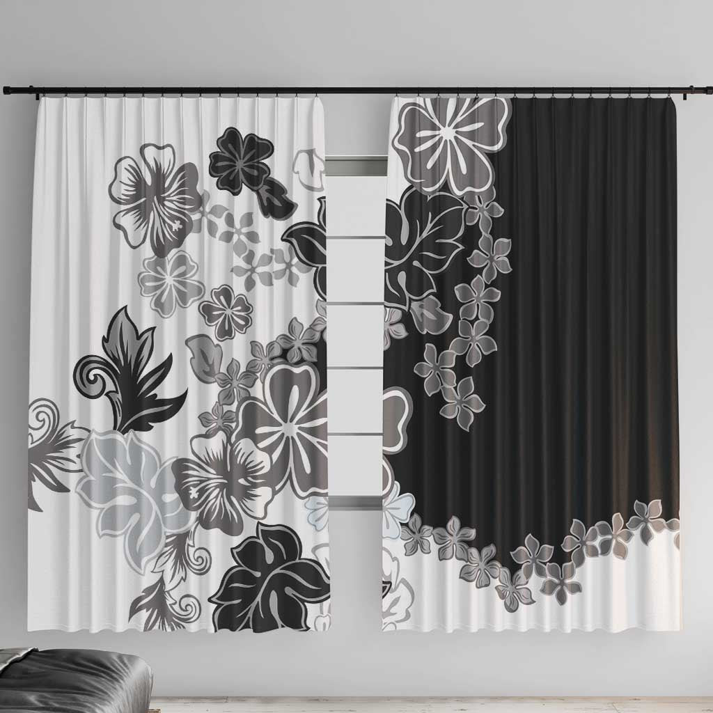Gray Scale Hibiscus Plumeria Floral Window Curtain LT01 With Hooks Black - Polynesian Pride