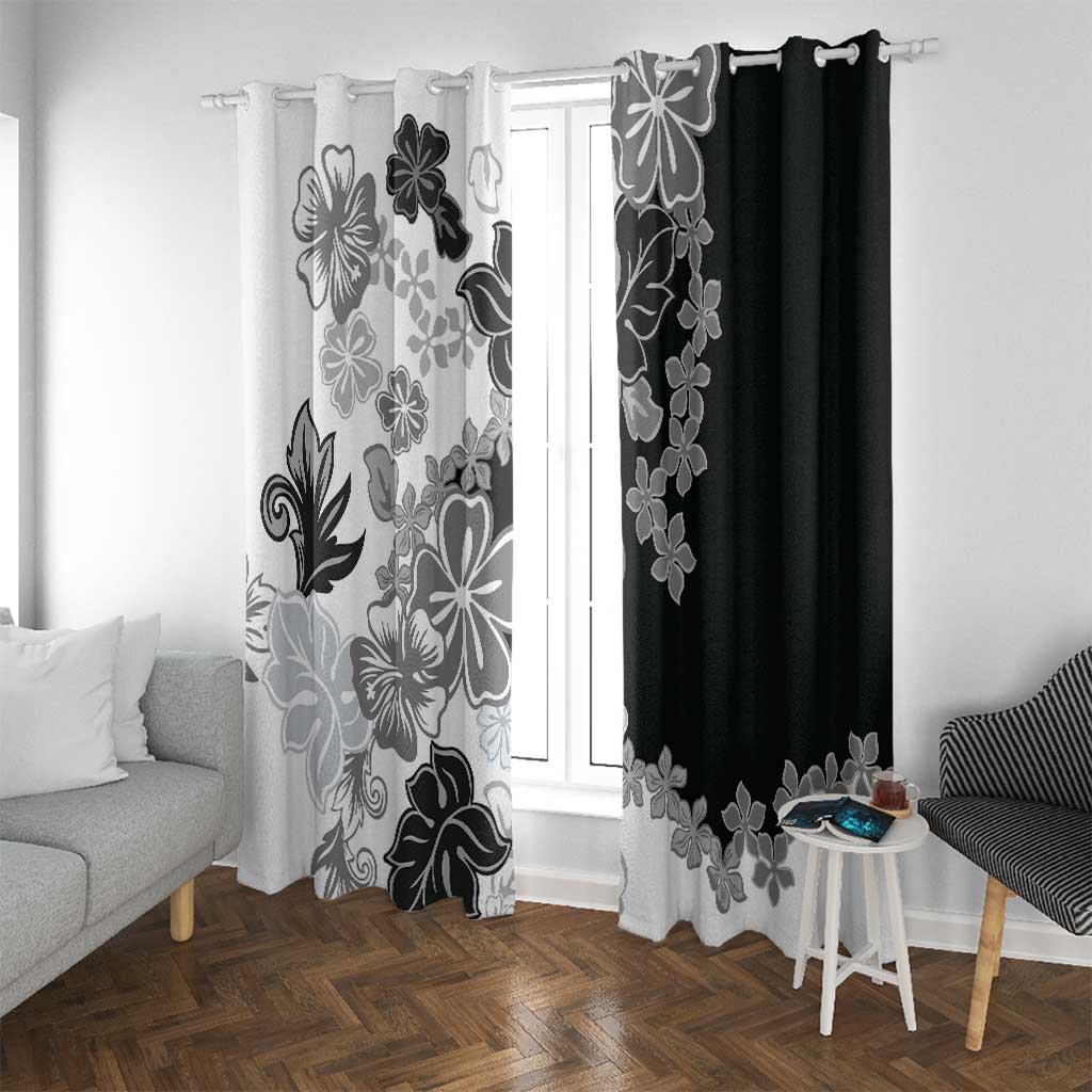 Gray Scale Hibiscus Plumeria Floral Window Curtain LT01 With Grommets Black - Polynesian Pride