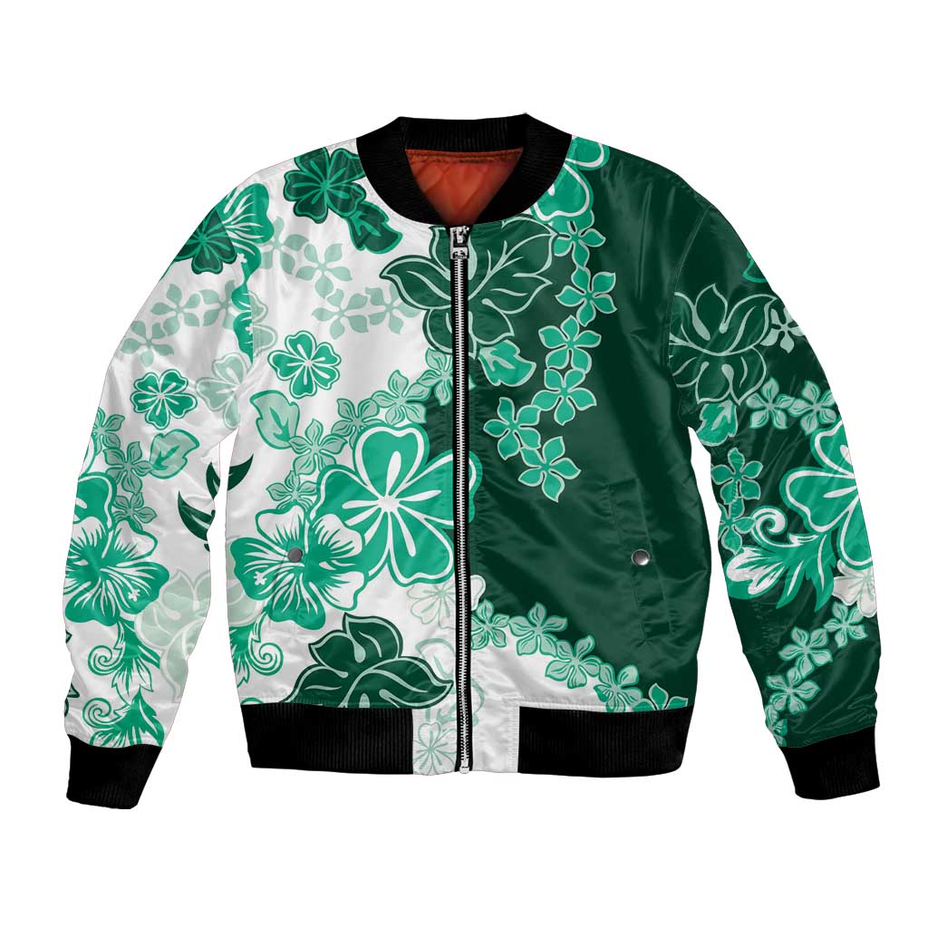 Green Hibiscus Plumeria Floral Bomber Jacket LT01 Unisex Green - Polynesian Pride