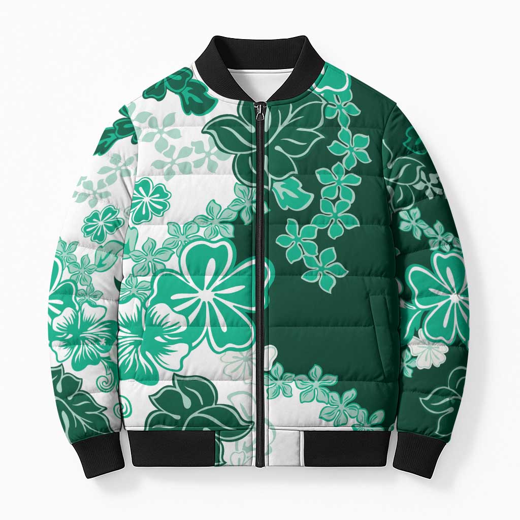 Green Hibiscus Plumeria Floral Bomber Puffer Jacket LT01 Green - Polynesian Pride