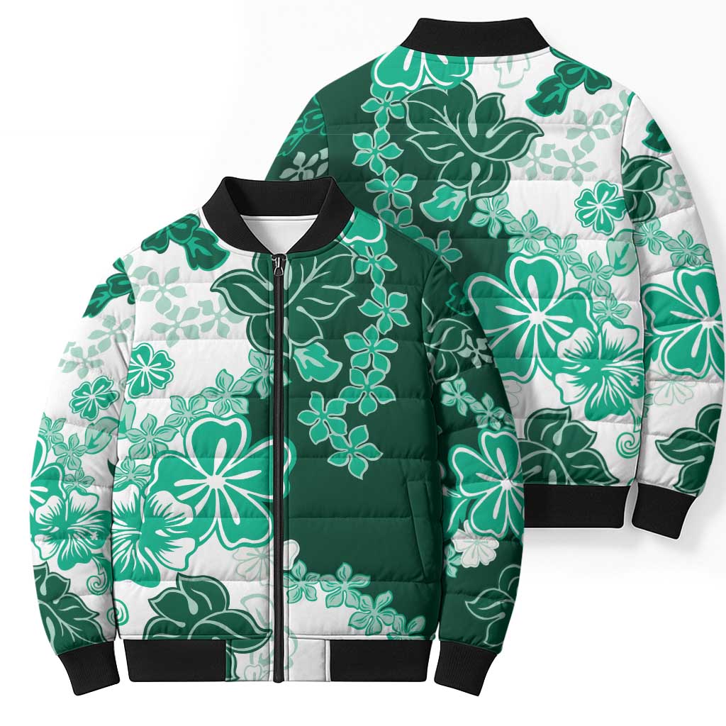 Green Hibiscus Plumeria Floral Bomber Puffer Jacket LT01 - Polynesian Pride