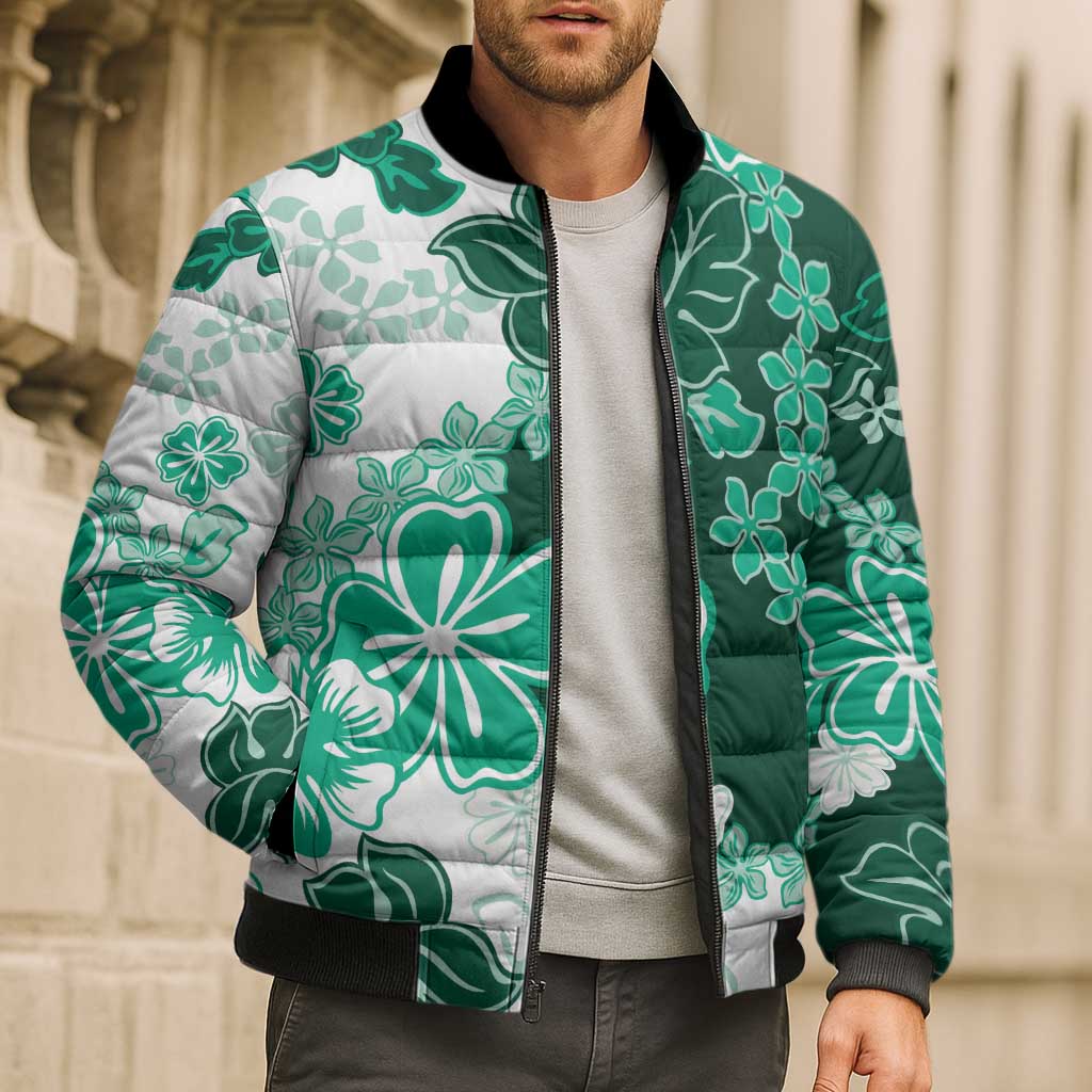 Green Hibiscus Plumeria Floral Bomber Puffer Jacket LT01 - Polynesian Pride