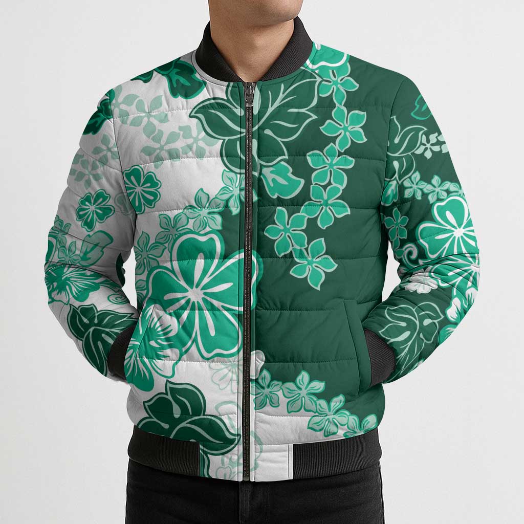 Green Hibiscus Plumeria Floral Bomber Puffer Jacket LT01 - Polynesian Pride