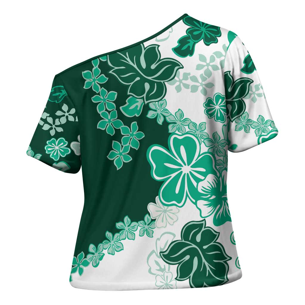 Green Hibiscus Plumeria Floral Cross Shoulder Shirt LT01 - Polynesian Pride