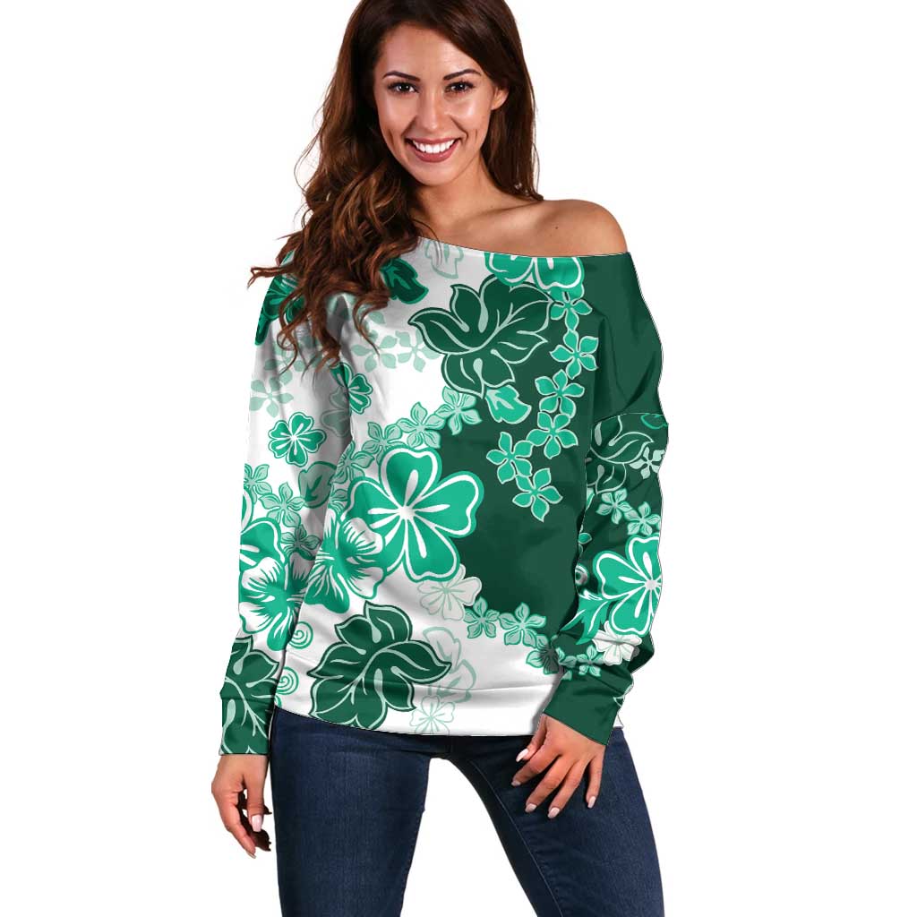Green Hibiscus Plumeria Floral Off Shoulder Sweater LT01 Women Green - Polynesian Pride