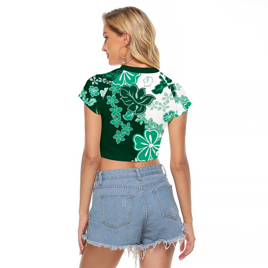 Green Hibiscus Plumeria Floral Raglan Cropped T Shirt LT01 - Polynesian Pride