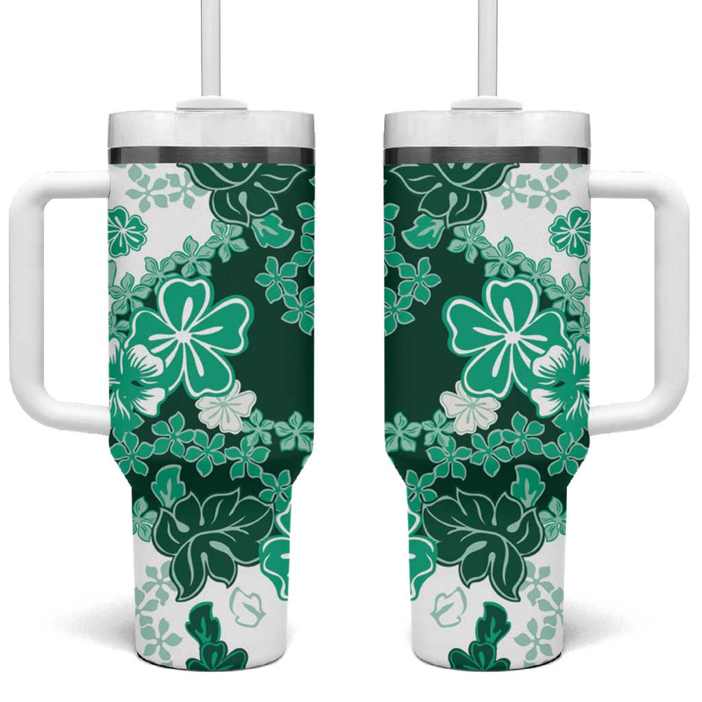 Green Hibiscus Plumeria Floral Tumbler With Handle LT01 One Size: 40 oz Green - Polynesian Pride