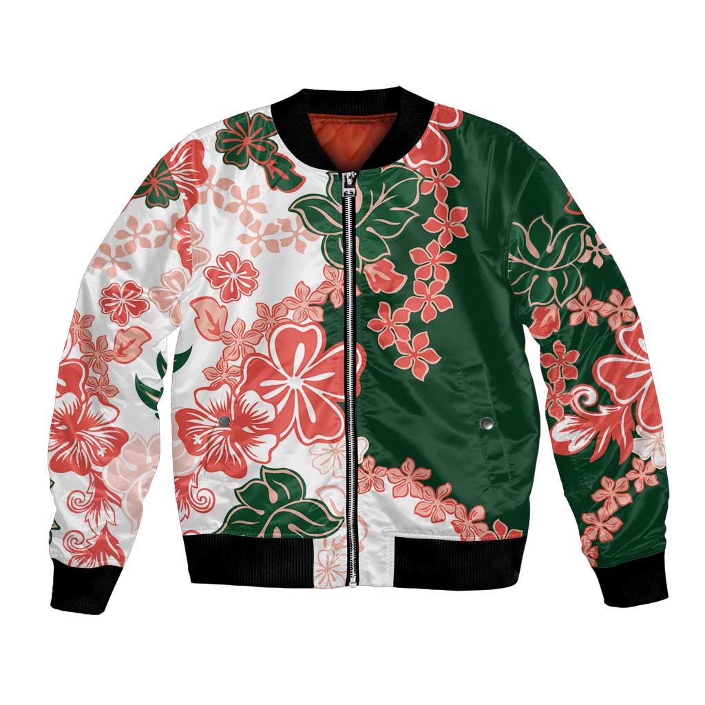 Green Orange Hibiscus Plumeria Floral Bomber Jacket LT01 Unisex Orange - Polynesian Pride