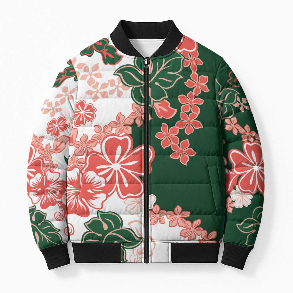 Green Orange Hibiscus Plumeria Floral Bomber Puffer Jacket LT01 Orange - Polynesian Pride
