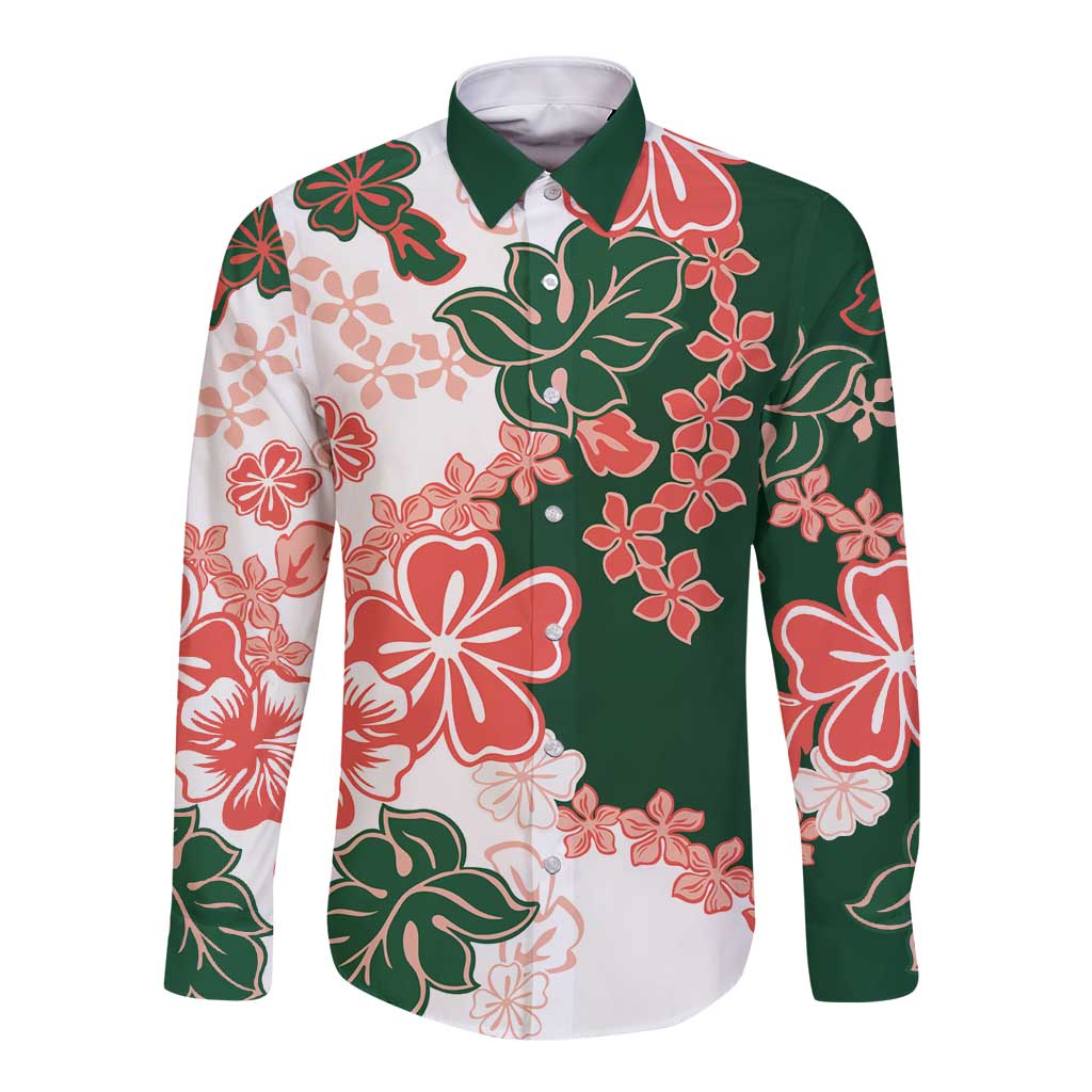 Green Orange Hibiscus Plumeria Floral Long Sleeve Button Shirt LT01 Unisex Orange - Polynesian Pride