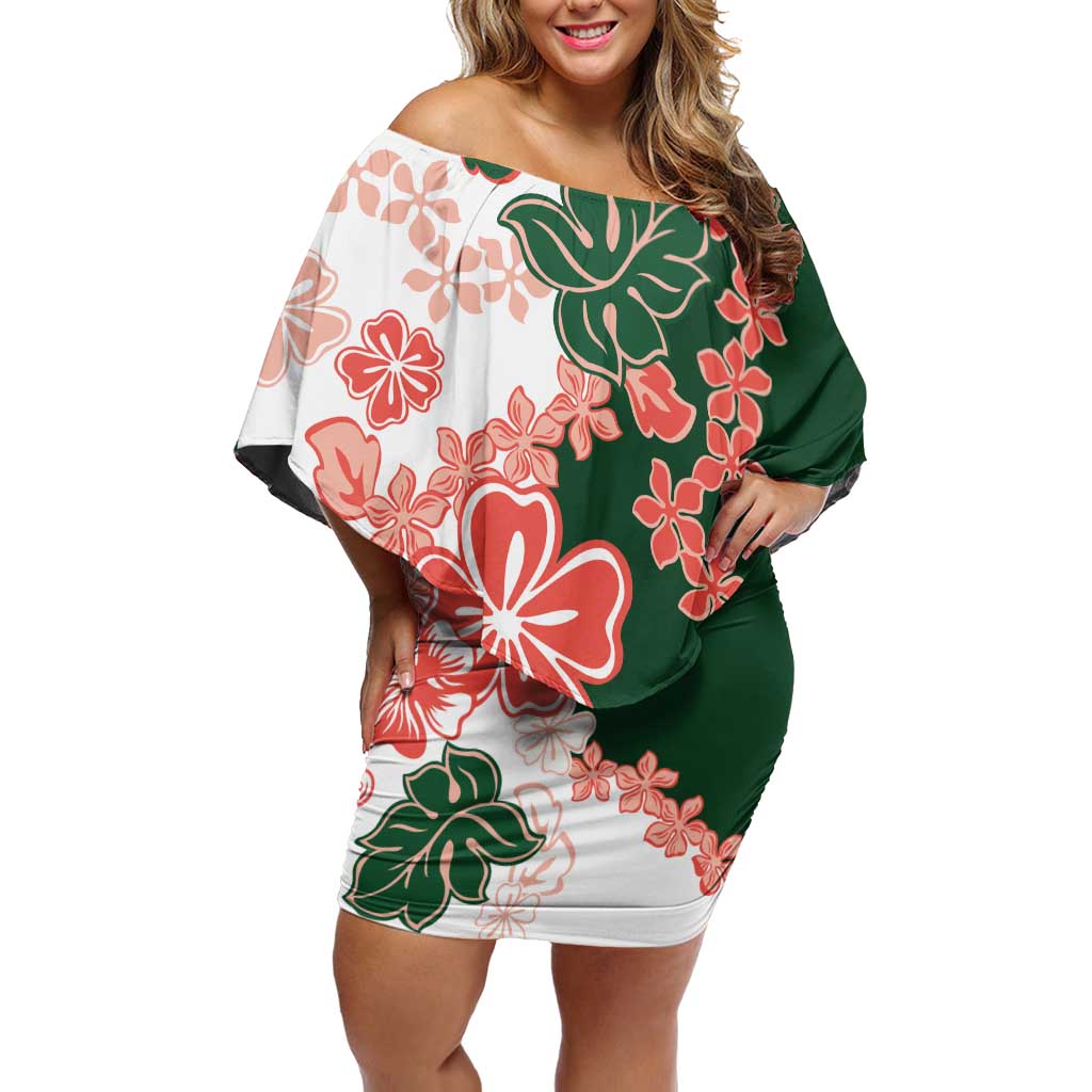 Green Orange Hibiscus Plumeria Floral Off Shoulder Short Dress LT01 Women Orange - Polynesian Pride