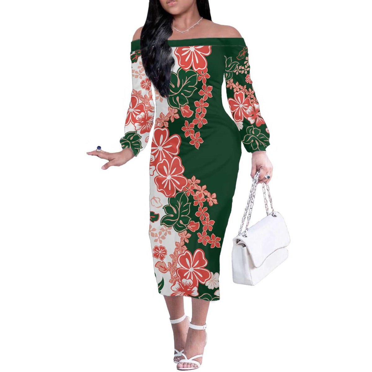 Green Orange Hibiscus Plumeria Floral Off The Shoulder Long Sleeve Dress LT01 Women Orange - Polynesian Pride