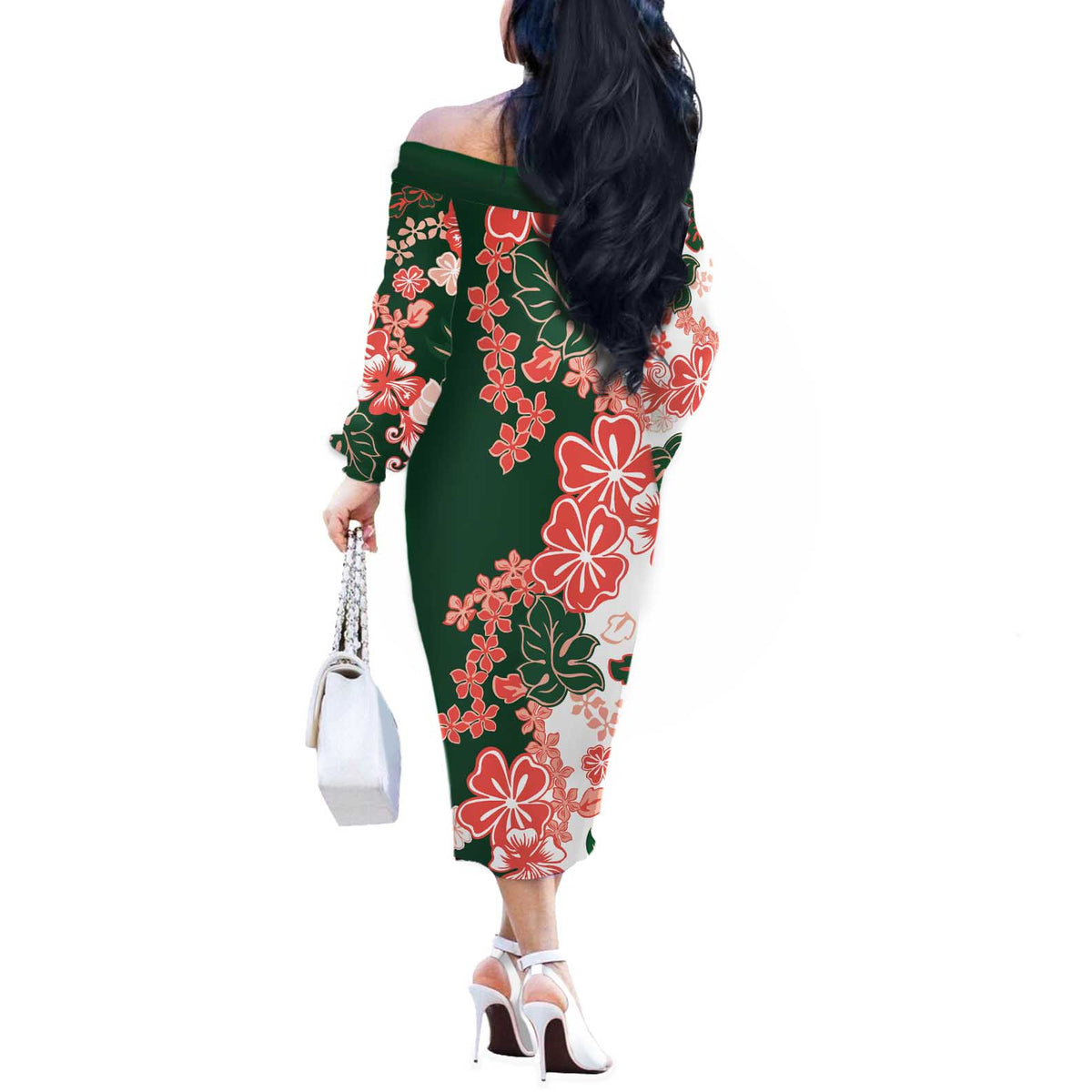 Green Orange Hibiscus Plumeria Floral Off The Shoulder Long Sleeve Dress LT01 - Polynesian Pride