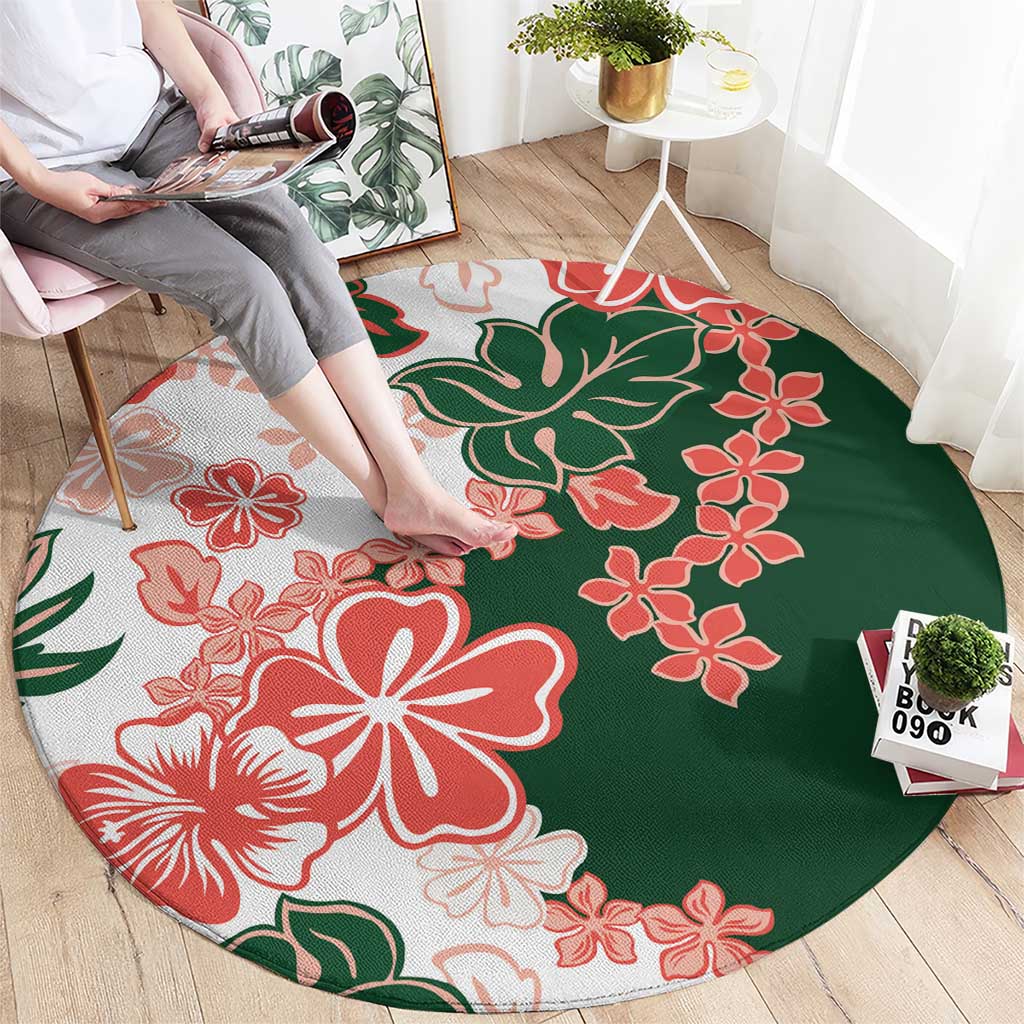 Green Orange Hibiscus Plumeria Floral Round Carpet LT01 - Polynesian Pride