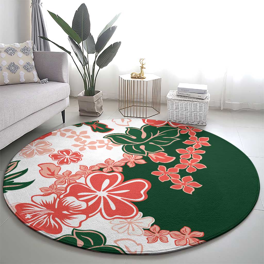 Green Orange Hibiscus Plumeria Floral Round Carpet LT01 - Polynesian Pride