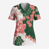 Green Orange Hibiscus Plumeria Floral Scrub Top LT01 Adult Orange - Polynesian Pride