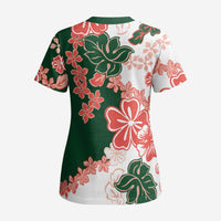 Green Orange Hibiscus Plumeria Floral Scrub Top LT01 - Polynesian Pride