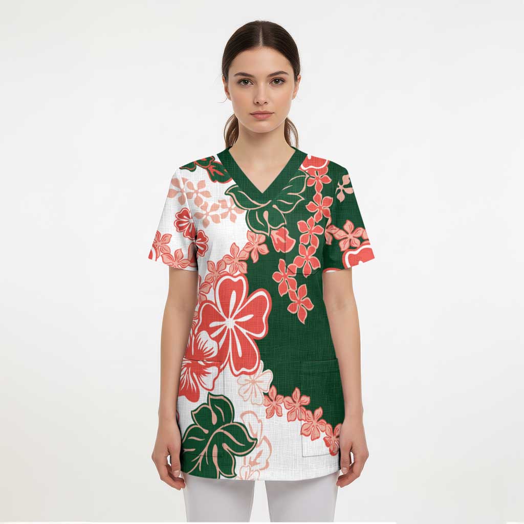 Green Orange Hibiscus Plumeria Floral Scrub Top LT01 - Polynesian Pride