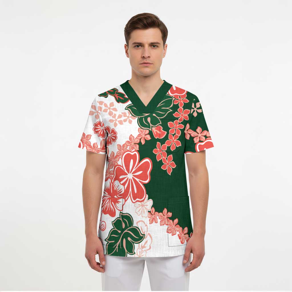 Green Orange Hibiscus Plumeria Floral Scrub Top LT01 - Polynesian Pride