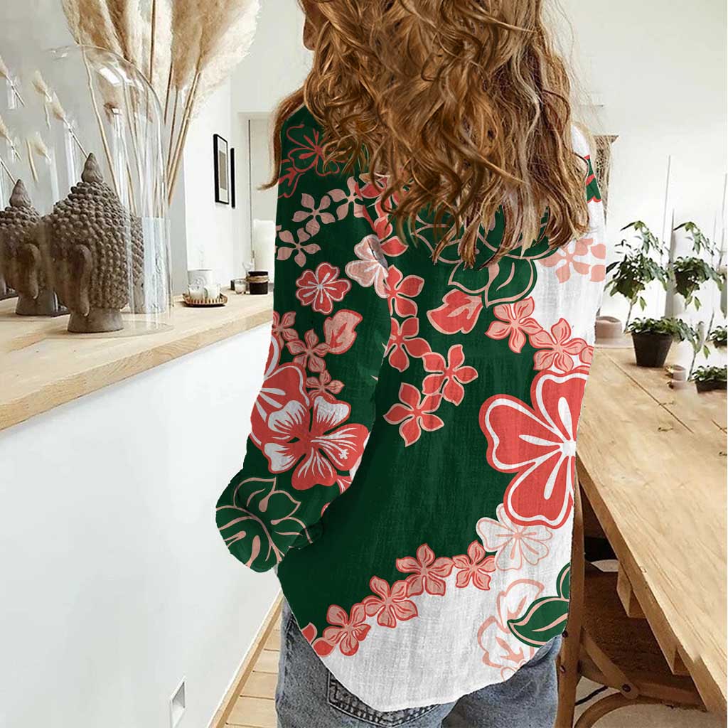 Green Orange Hibiscus Plumeria Floral Women Casual Shirt LT01 - Polynesian Pride