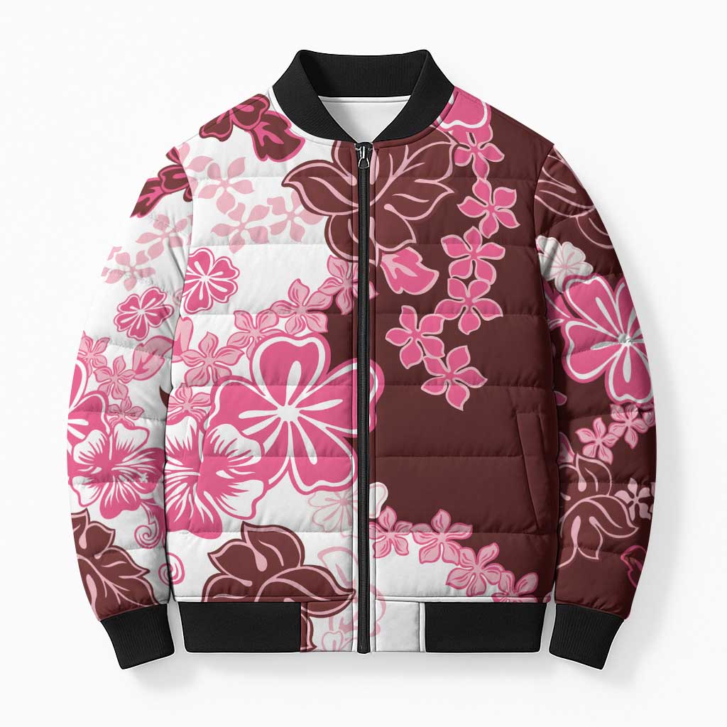 Pink Hibiscus Plumeria Floral Bomber Puffer Jacket LT01 Pink - Polynesian Pride