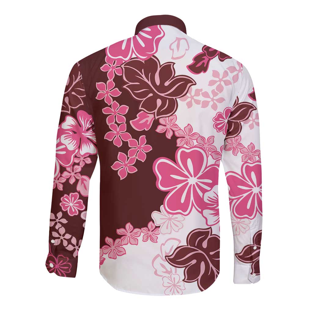 Pink Hibiscus Plumeria Floral Long Sleeve Button Shirt LT01 - Polynesian Pride
