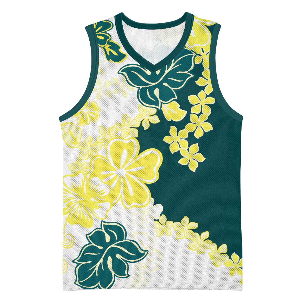 Yelow Teal Hibiscus Plumeria Floral Basketball Jersey LT01 Unisex Yellow - Polynesian Pride