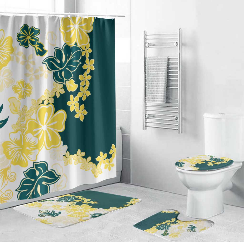 Yelow Teal Hibiscus Plumeria Floral Bathroom Set LT01 Bathroom Set (4 pcs) Yellow - Polynesian Pride