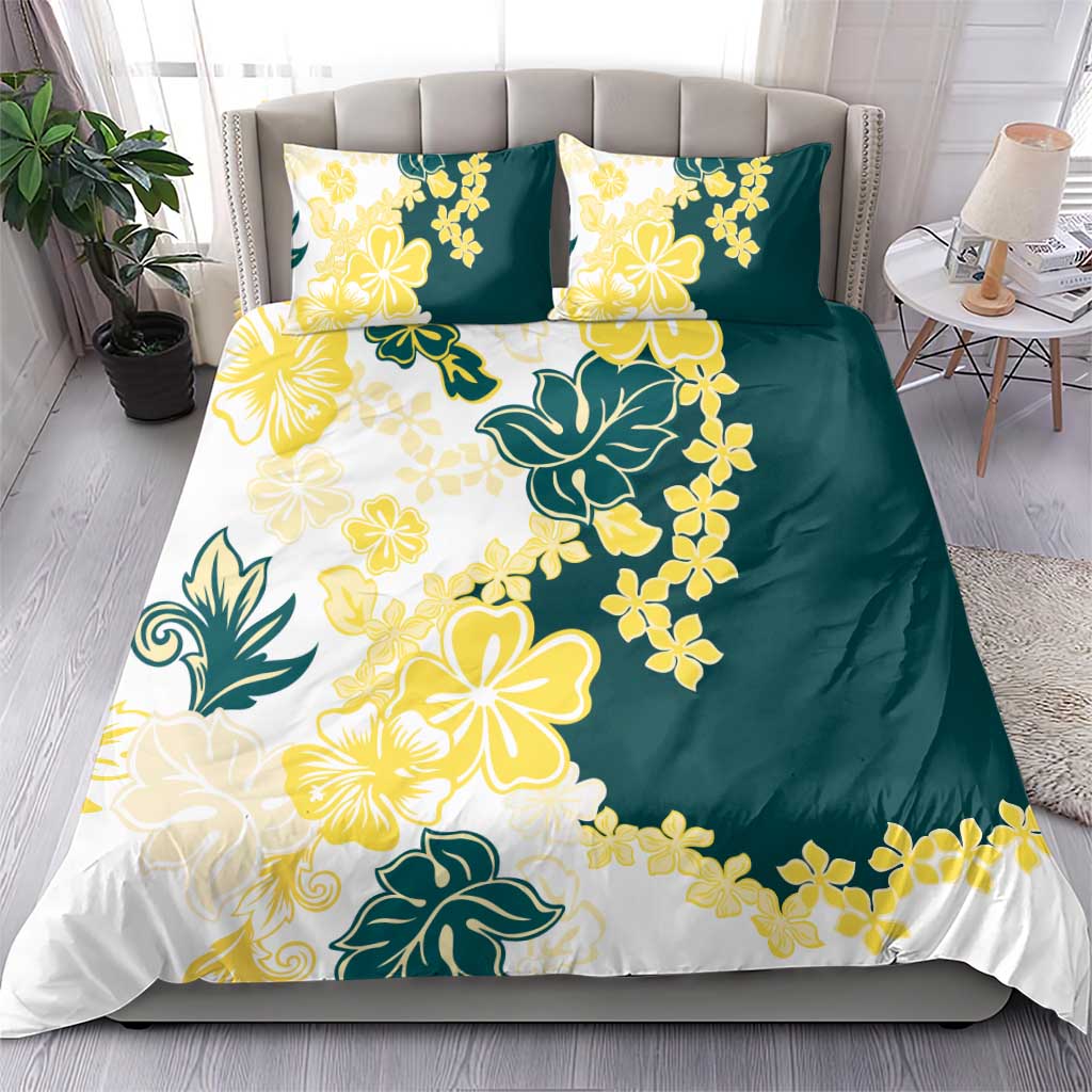Yelow Teal Hibiscus Plumeria Floral Bedding Set LT01 - Polynesian Pride