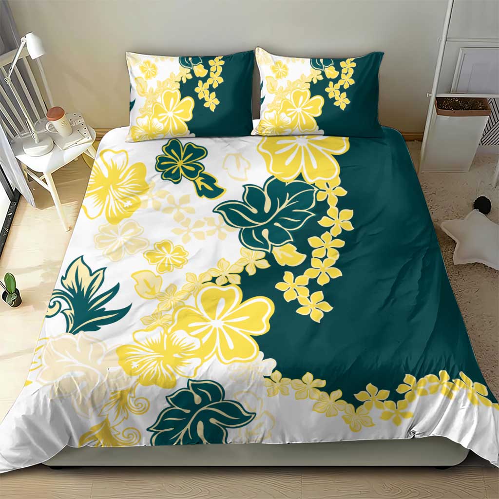 Yelow Teal Hibiscus Plumeria Floral Bedding Set LT01 - Polynesian Pride