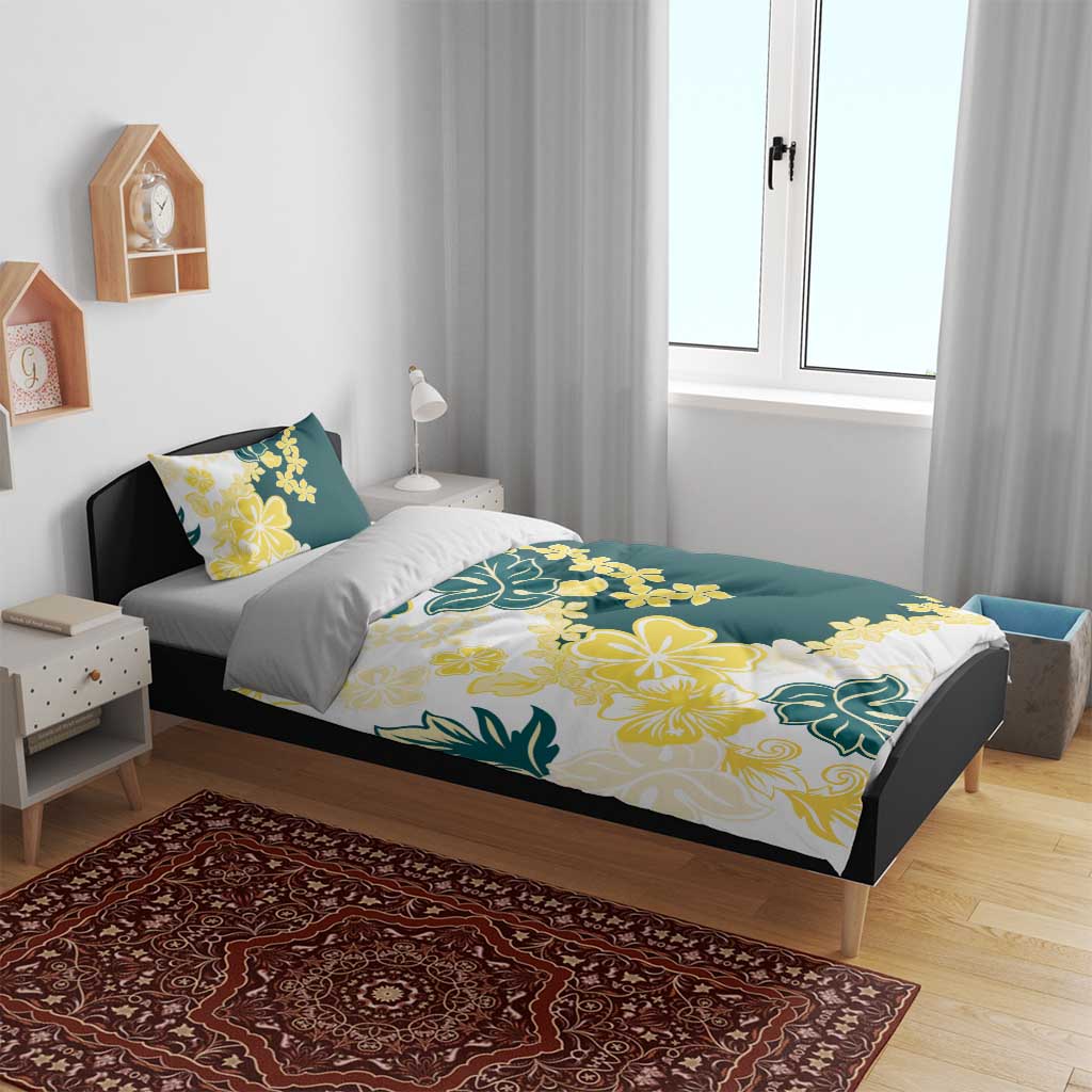 Yelow Teal Hibiscus Plumeria Floral Bedding Set LT01 - Polynesian Pride