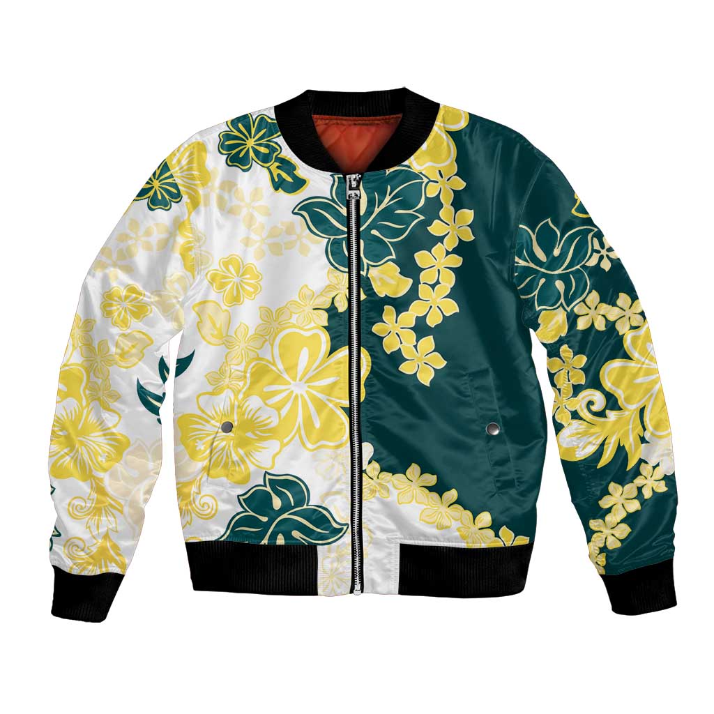 Yelow Teal Hibiscus Plumeria Floral Bomber Jacket LT01 Unisex Yellow - Polynesian Pride