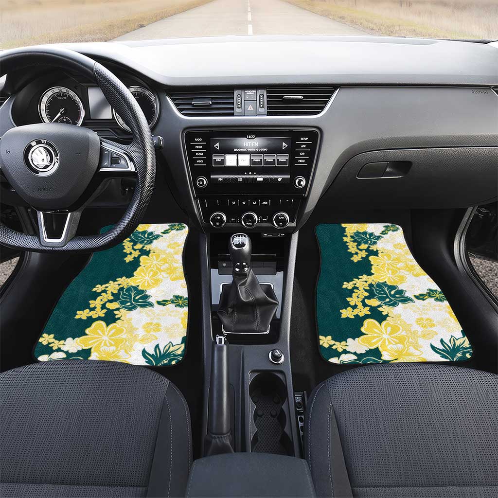 Yelow Teal Hibiscus Plumeria Floral Car Mats LT01 Set 2pcs - Front Yellow - Polynesian Pride