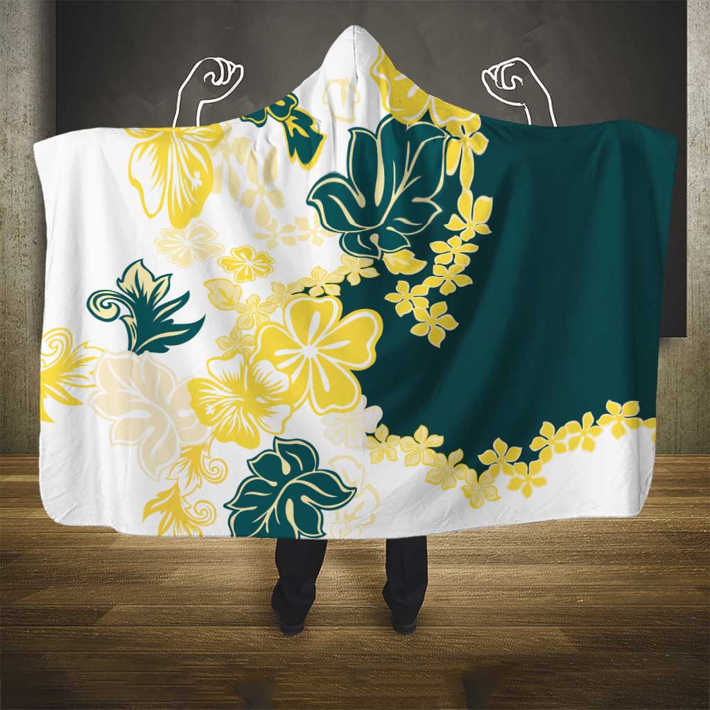 Yelow Teal Hibiscus Plumeria Floral Hooded Blanket LT01 - Polynesian Pride